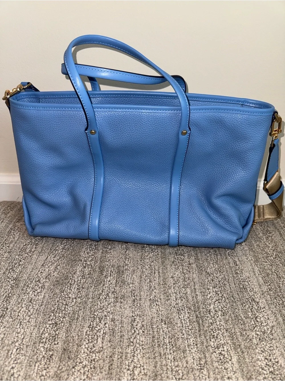 Michael Kors Sky Blue Pebble Leather Tote with Tan Strap
